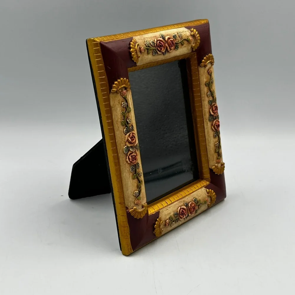 Picture Frame Burgundy Cream Gold Victorian 4.5 x 3 Inch Rose Floral Vintage EUC